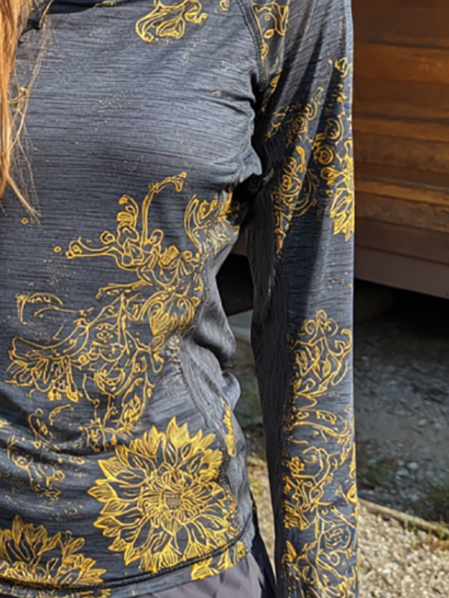 Women's Vintage Golden Line Sunflower Art Print Hooded Sun Protection Jacket
