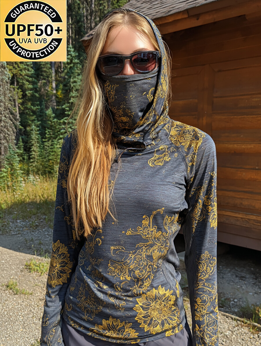 Women's Vintage Golden Line Sunflower Art Print Hooded Sun Protection Jacket