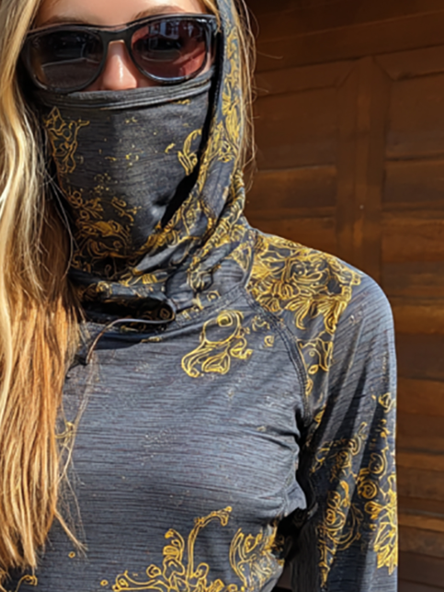Women's Vintage Golden Line Sunflower Art Print Hooded Sun Protection Jacket