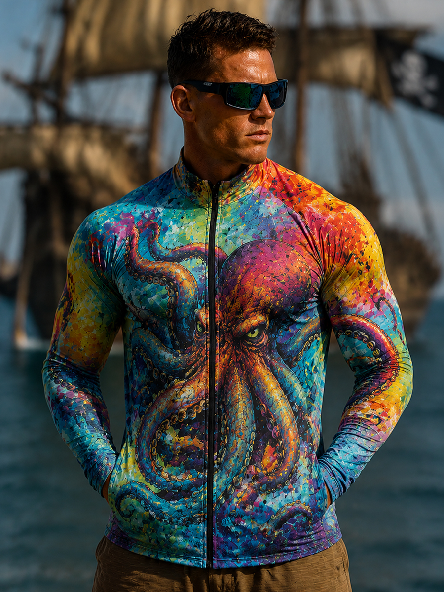 Men'S Vibrant Rainbow Oil Paint Leisure Sports Zip-Up Jacket With Pockets
