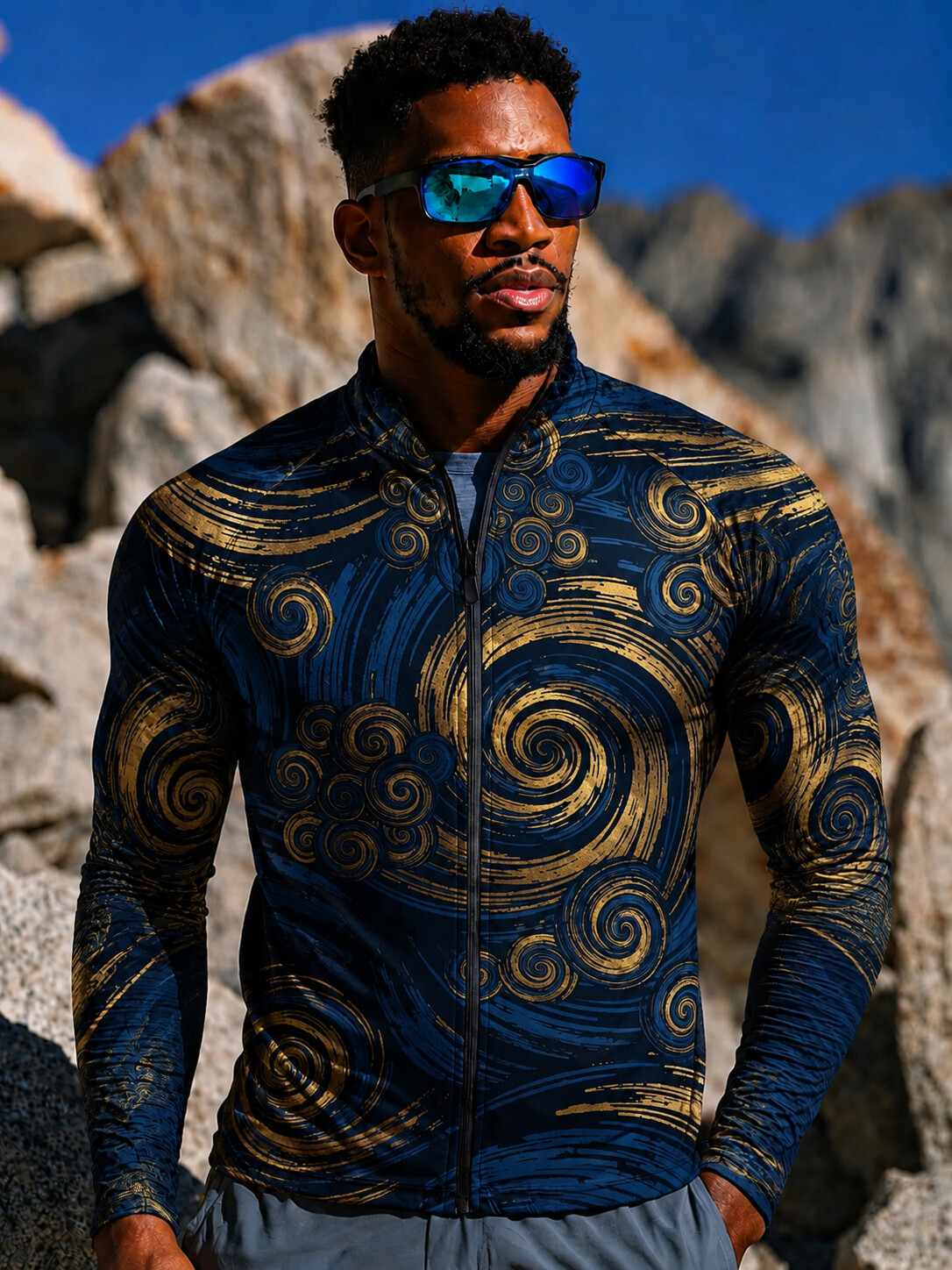 Men'S Gilded Wave And Swirl Paint Leisure Sports Zip-Up Jacket With Pockets