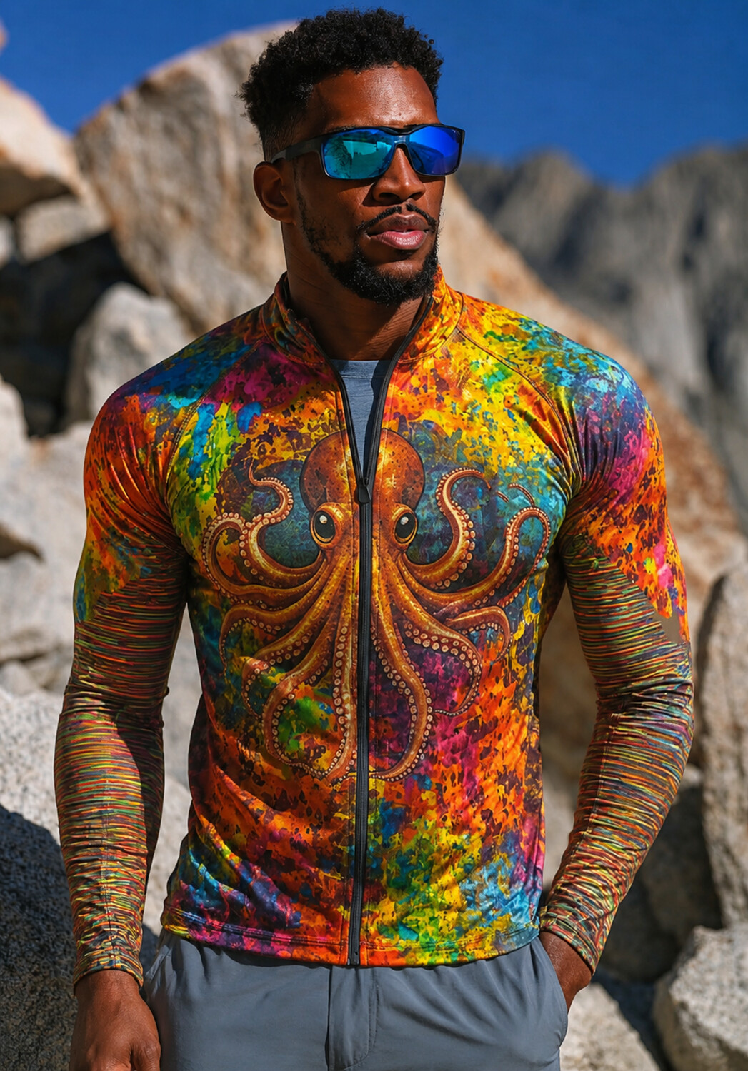 Men'S Rainbow Splash Tie-Dye Giant Octopus Paint Leisure Sports Zip-Up Jacket With Pockets