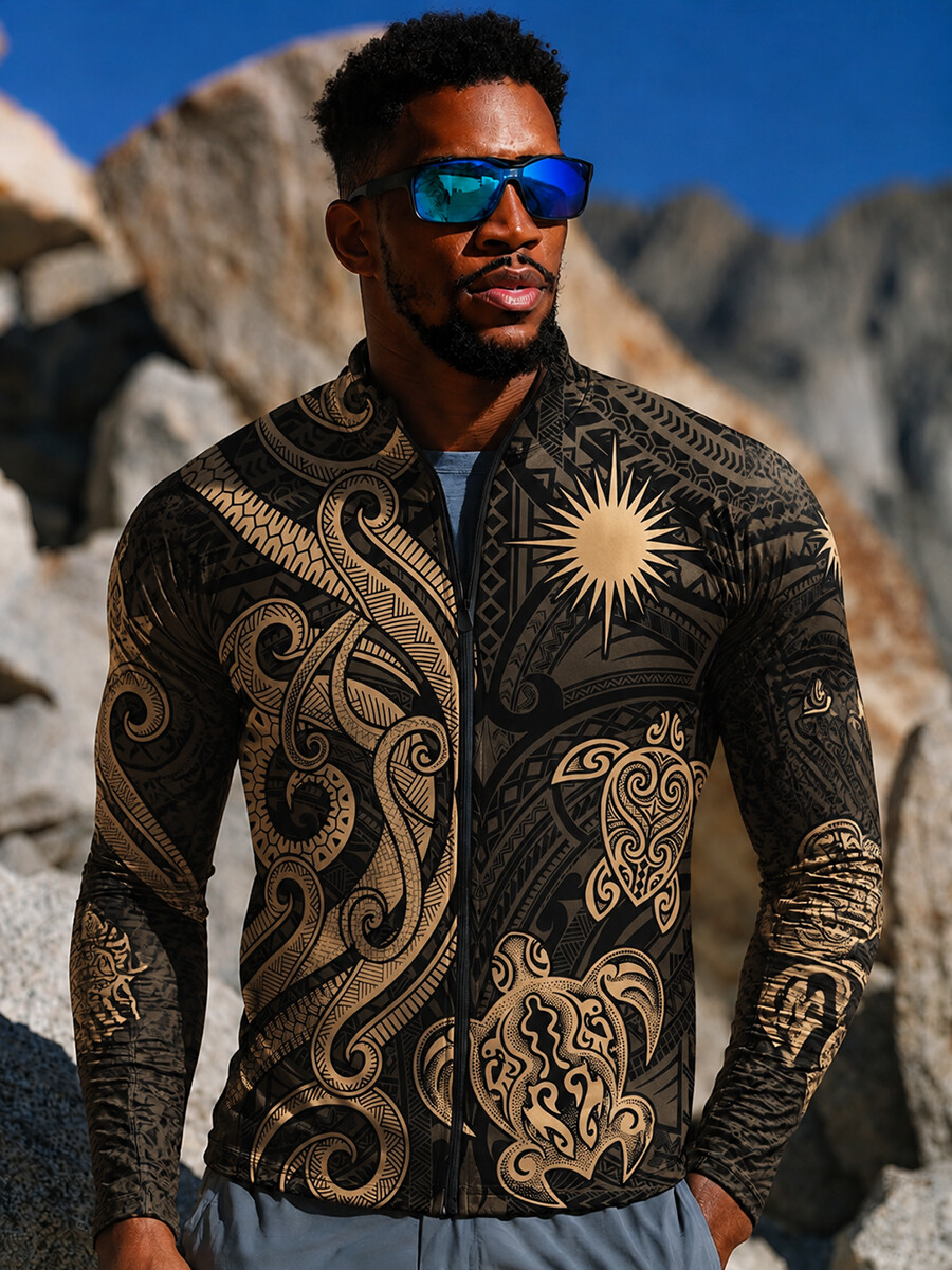 Men'S Polynesian Tribal Turtle Sun Swirl Paint Leisure Sports Zip-Up Jacket With Pockets