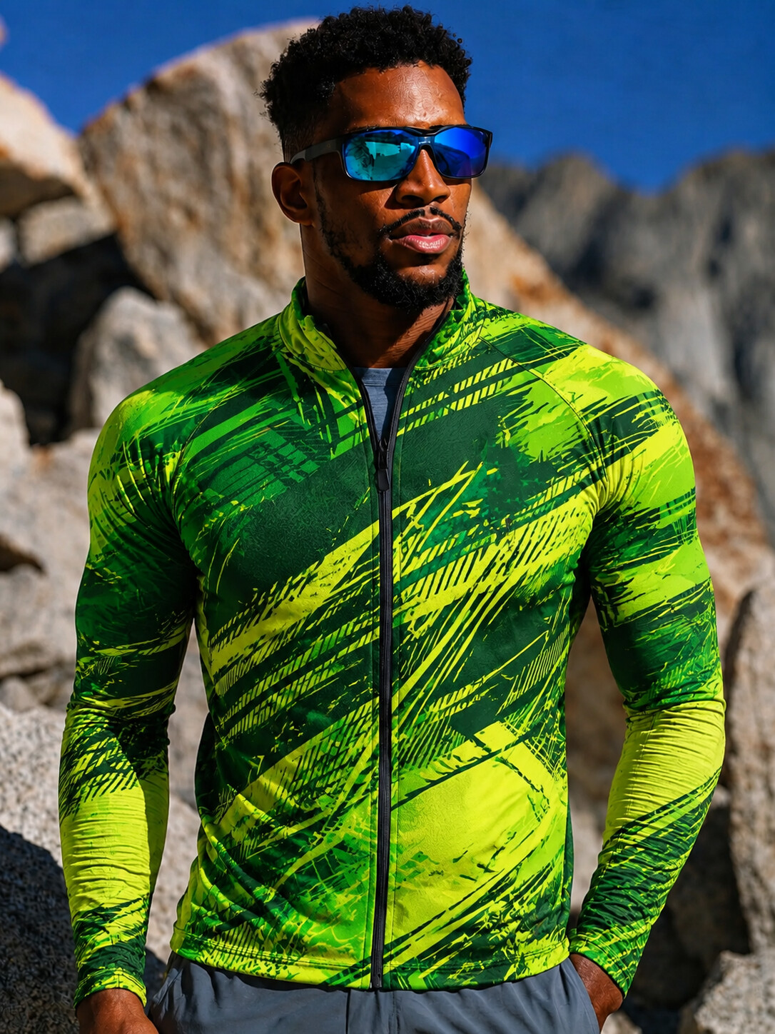 Men'S Minimal Neon Green Diagonal Brush Abstract Paint Leisure Sports Zip-Up Jacket With Pockets