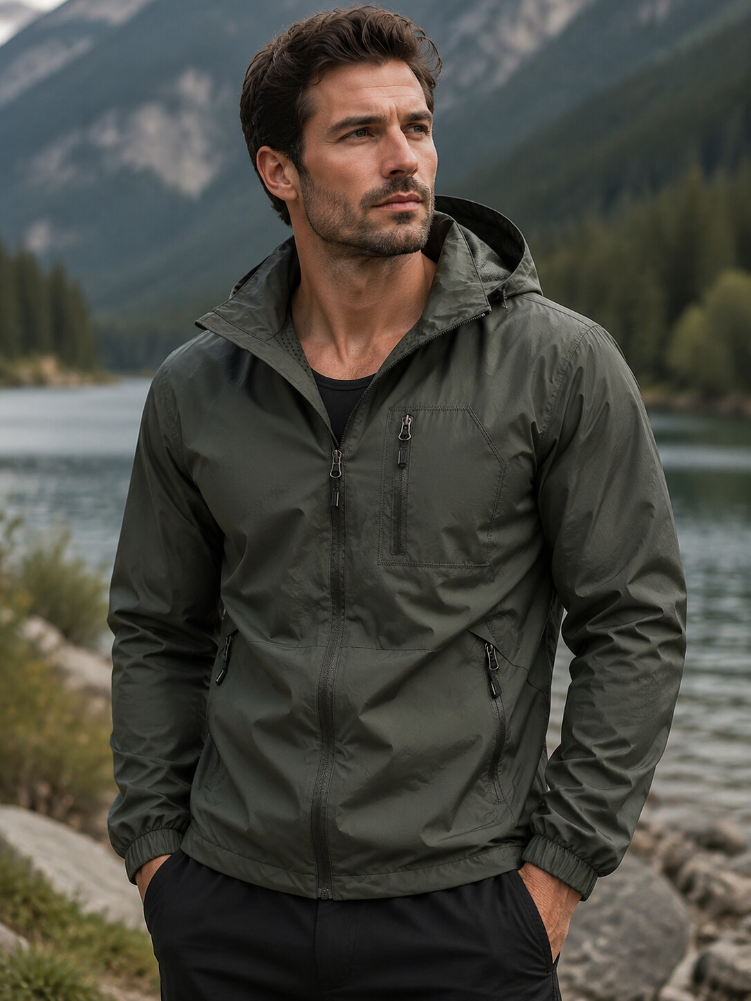 Men's Casual Outdoor Waterproof Black Jacket