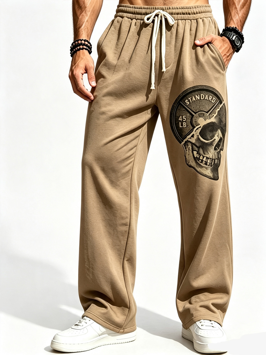 Men's Vintage Barbell Skull Print Pants