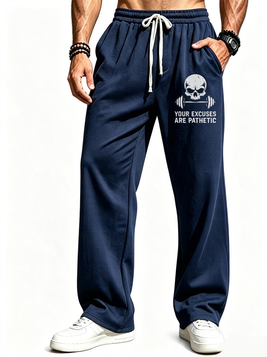 Men's Skull Barbell Your Excuses Are Pathetic Print Pants