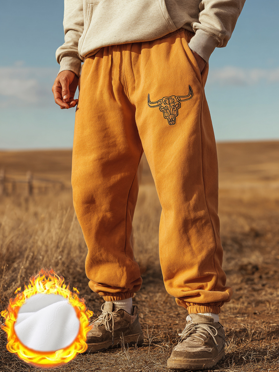 Men'S Bull Skull Line Art Western Print Lightweight Fleece Joggers