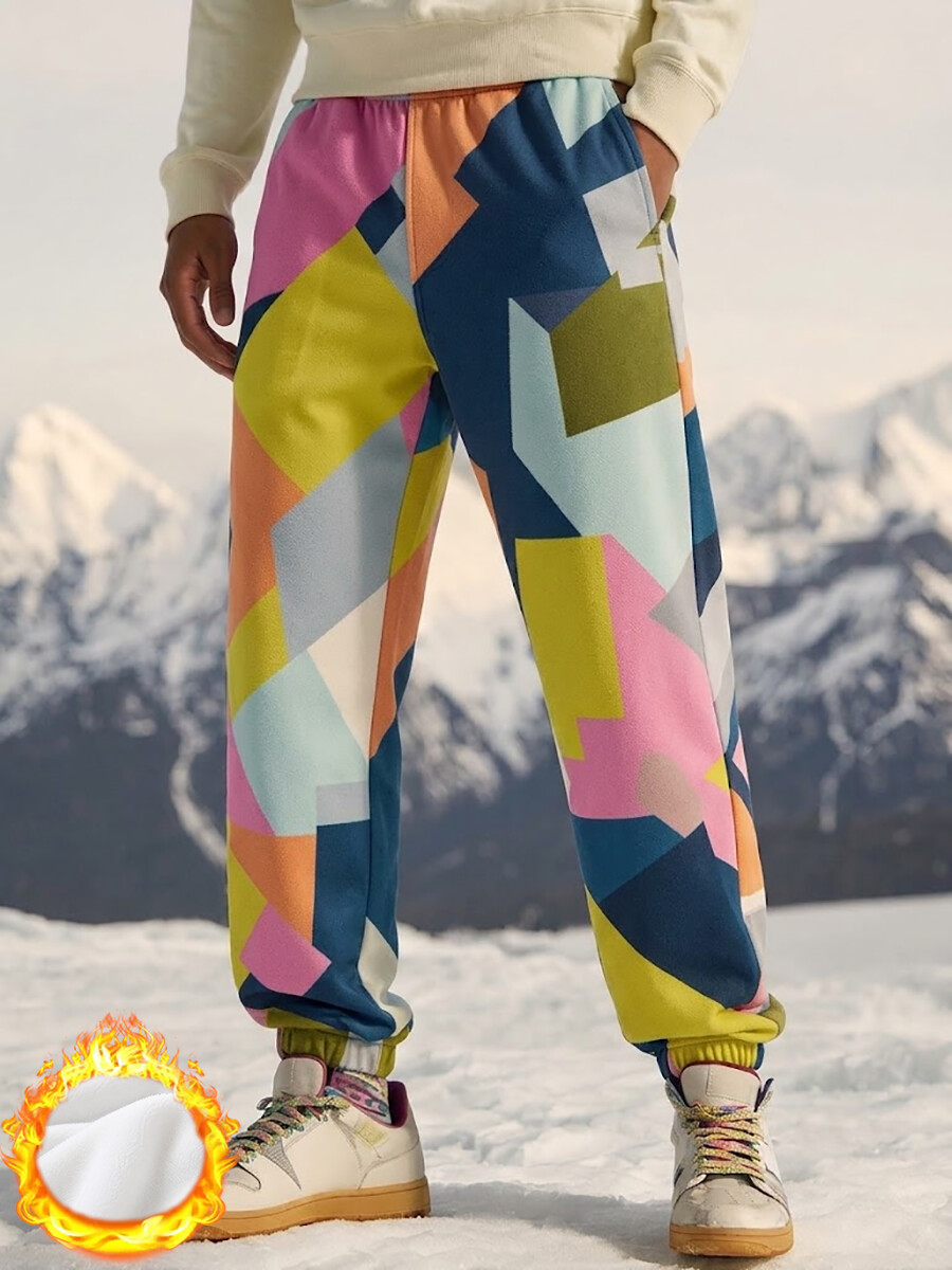 Men'S Abstract Color Block Geometric Print Lightweight Fleece Joggers