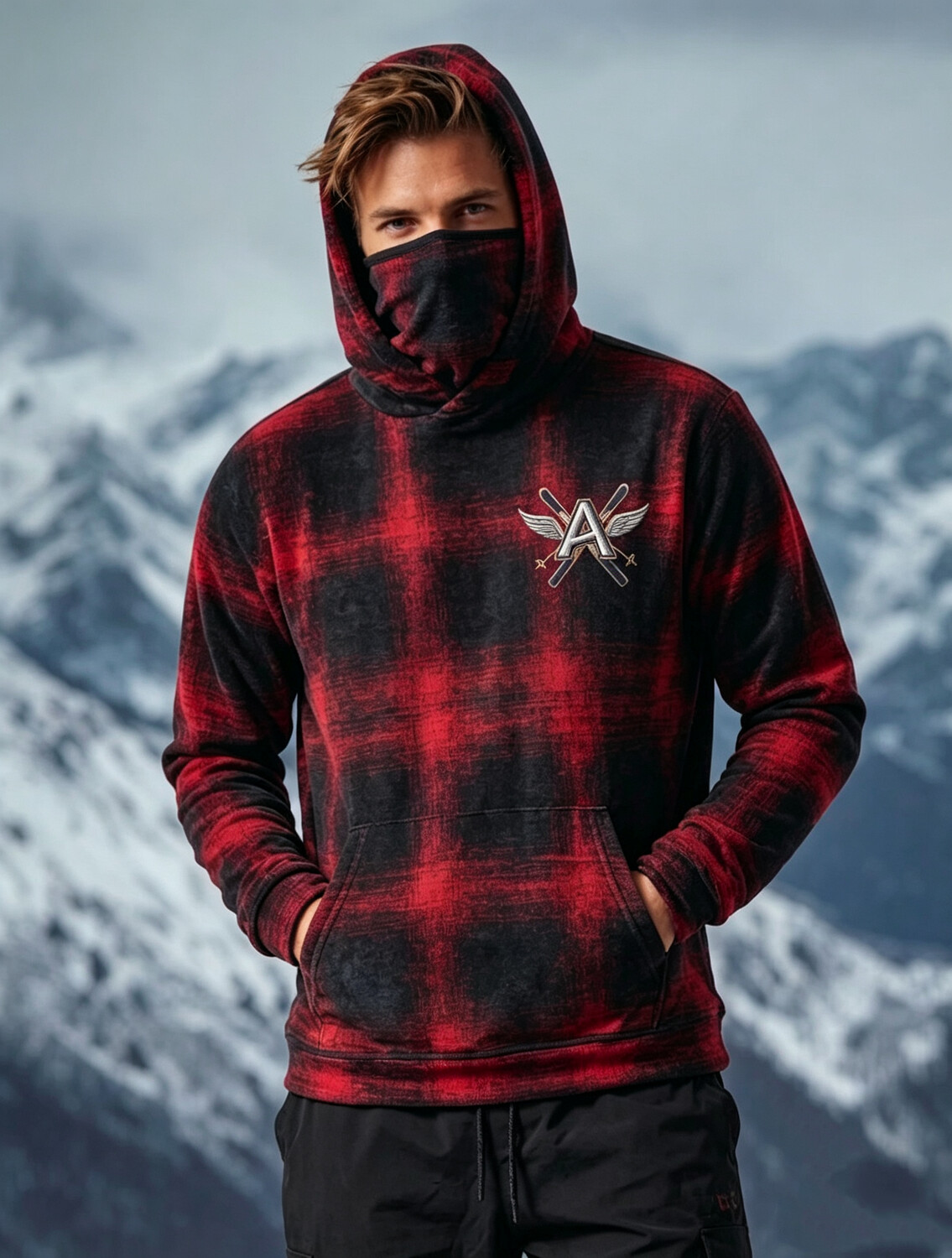 Men's Buffalo Plaid Winged A Print Thermal Base Layer Hoodie with Built-in Gaiter