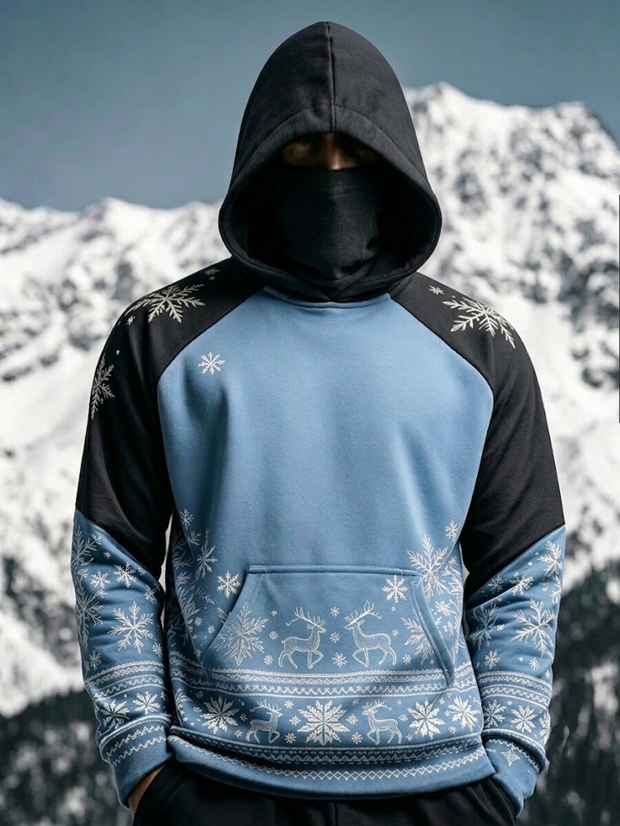 Men's Fair Isle Reindeer Snowflake Color Block Print Thermal Base Layer Hoodie With Built-In Gaiter