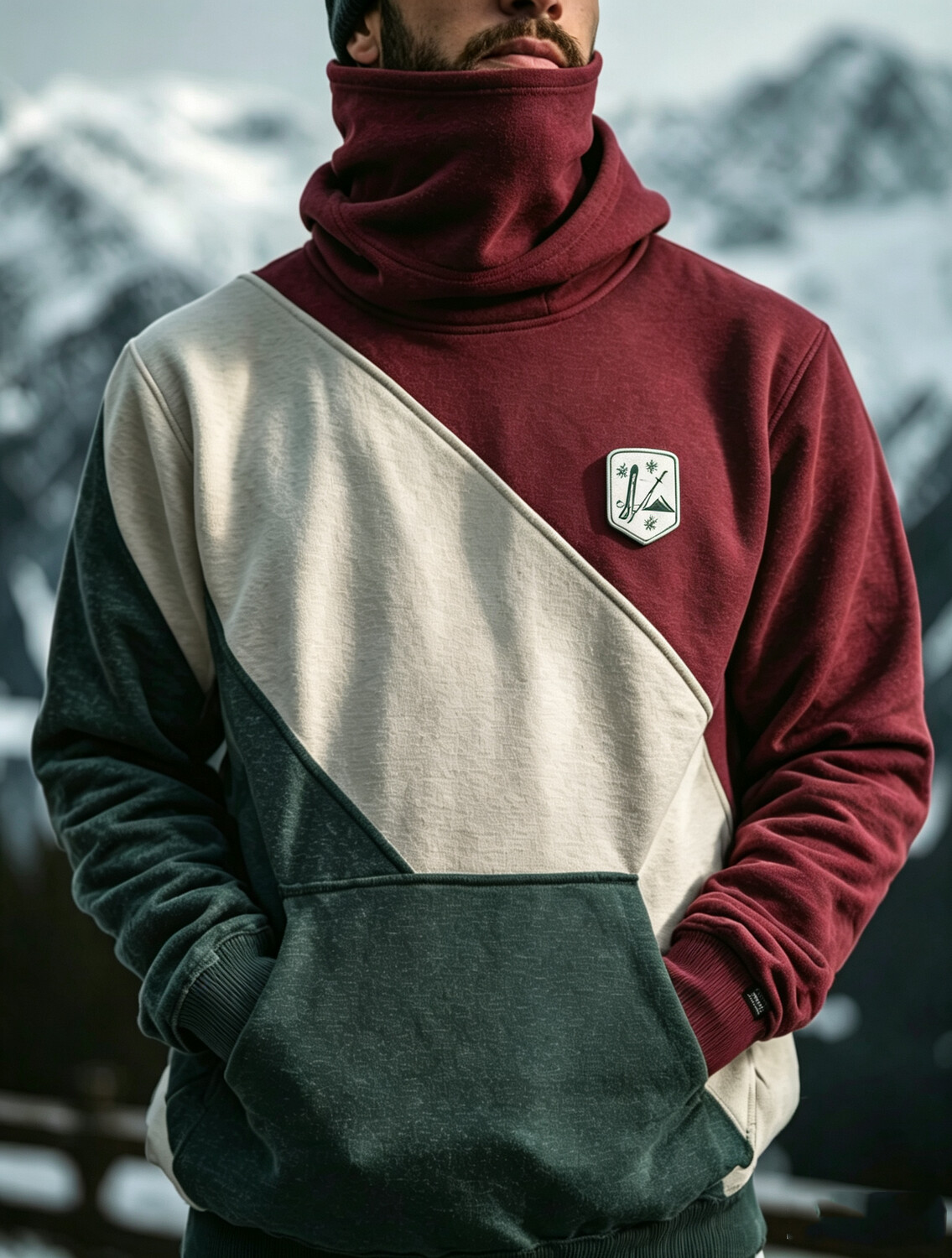 Men's Color Block Ski Shield Emblem Print Thermal Base Layer Hoodie With Built-In Gaiter