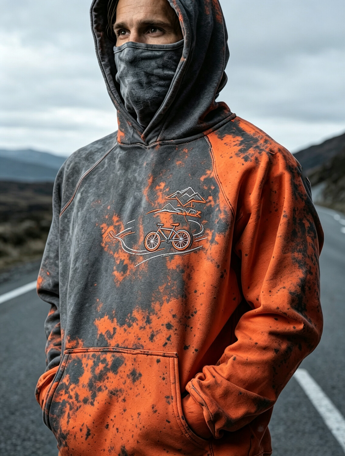 Men's Bike Color Block Splatter Print Thermal Base Layer Hoodie With Built-In Gaiter