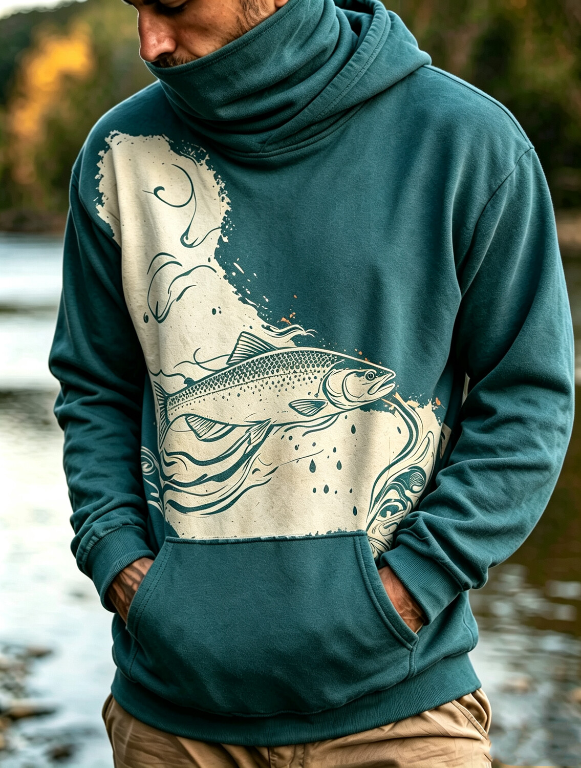 Men's Trout Fish Water Wave Retro Print Thermal Base Layer Hoodie With Built-In Gaiter