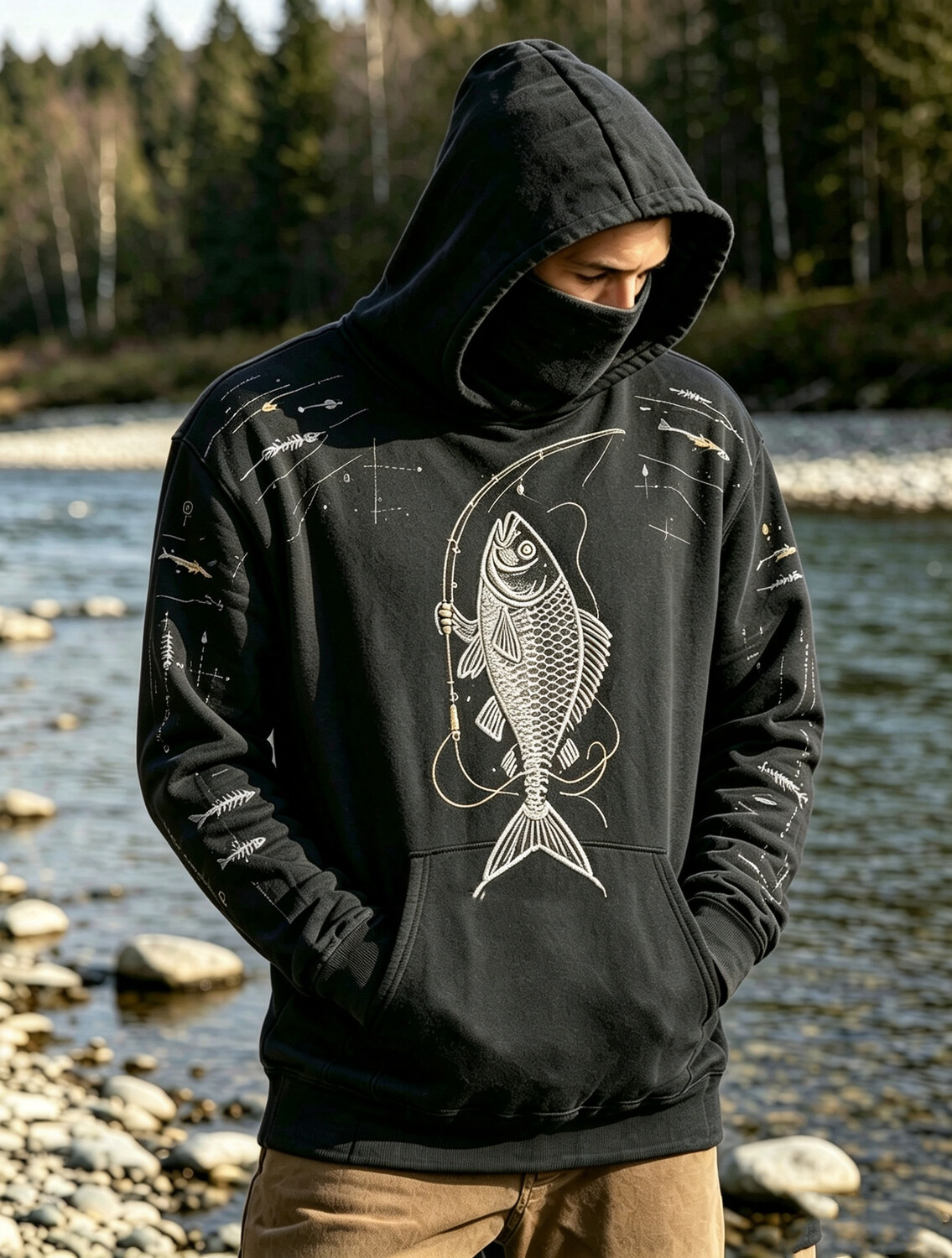 Men's Funny Fishing Print Thermal Base Layer Hoodie With Built-In Gaiter