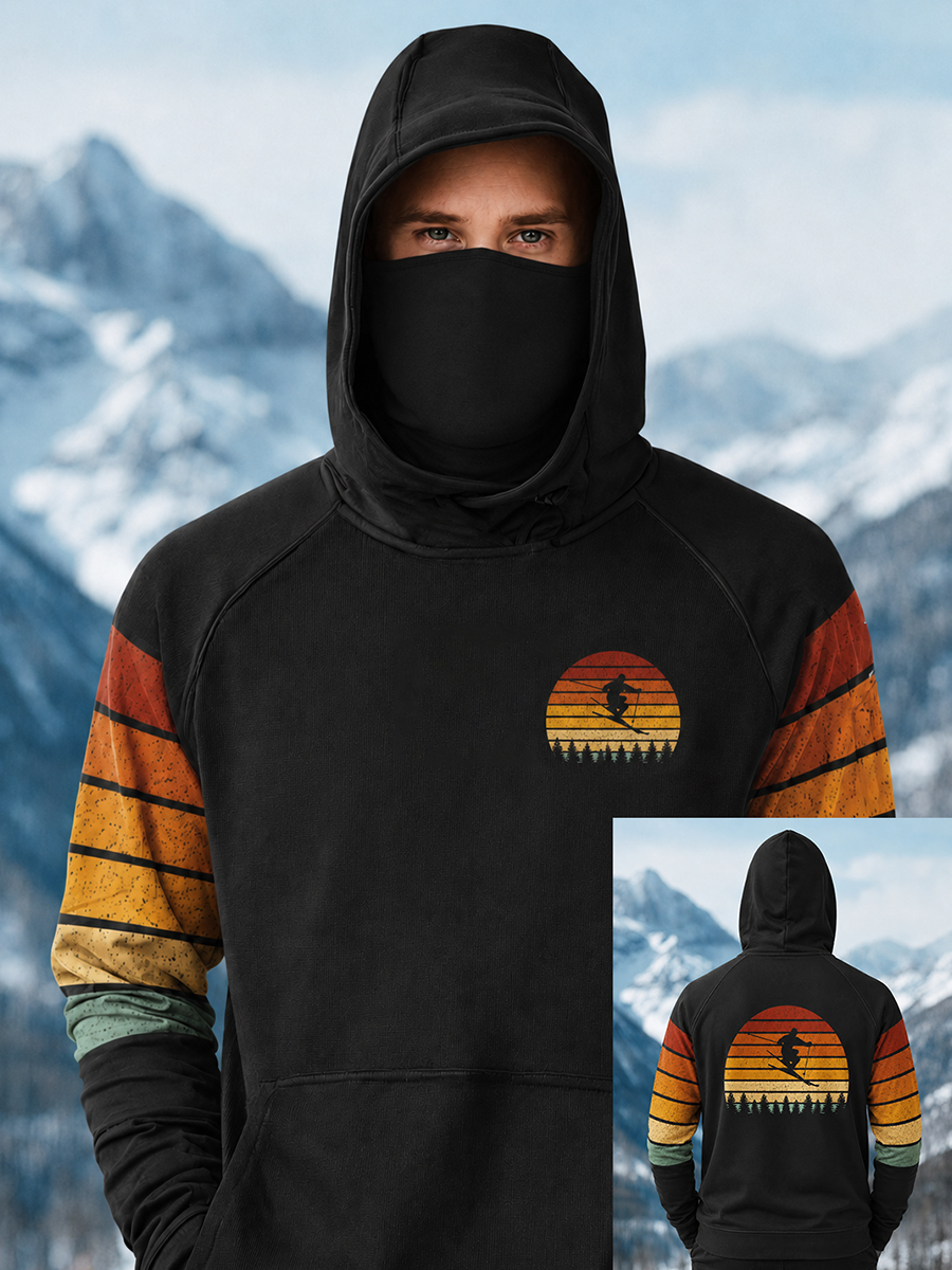 Men's Colorblock Striped Sunset Skier Print Thermal Base Layer Hoodie With Built-In Gaiter