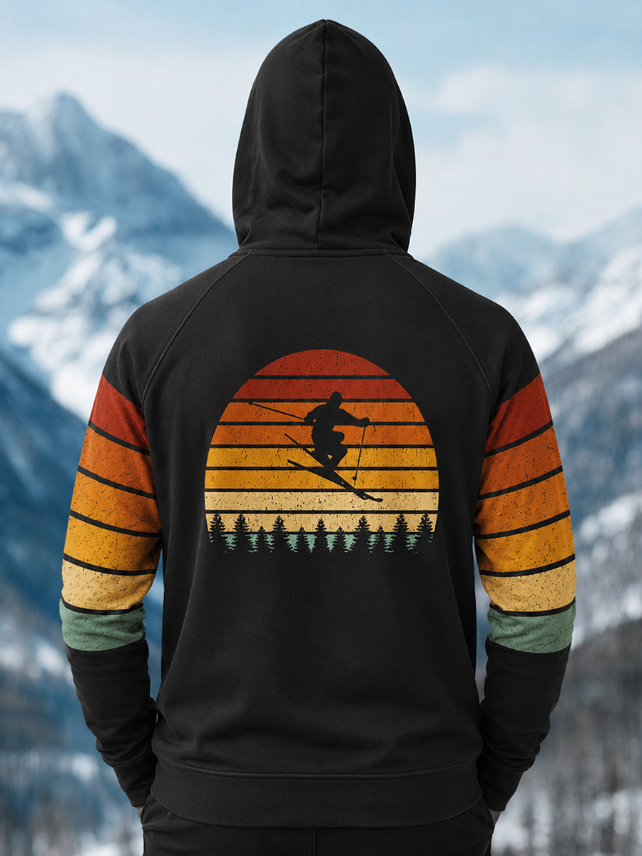 Men's Colorblock Striped Sunset Skier Print Thermal Base Layer Hoodie With Built-In Gaiter