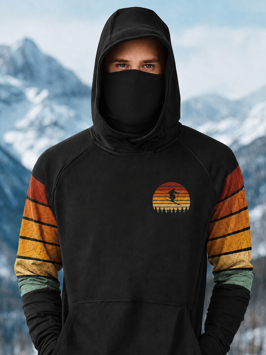 Men's Colorblock Striped Sunset Skier Print Thermal Base Layer Hoodie With Built-In Gaiter