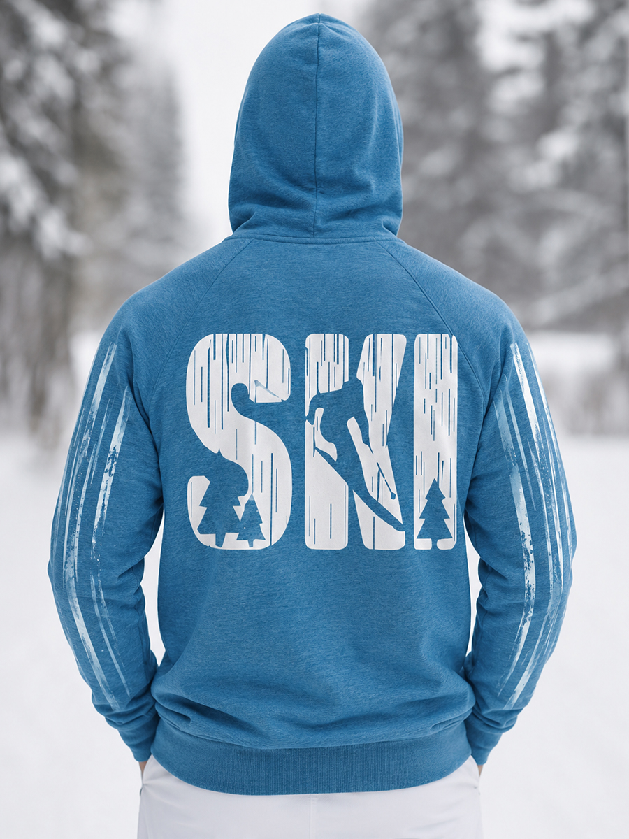 Men's Vintage Skiing Letters Negative Space Silhouette Print Thermal Base Layer Hoodie With Built-In Gaiter