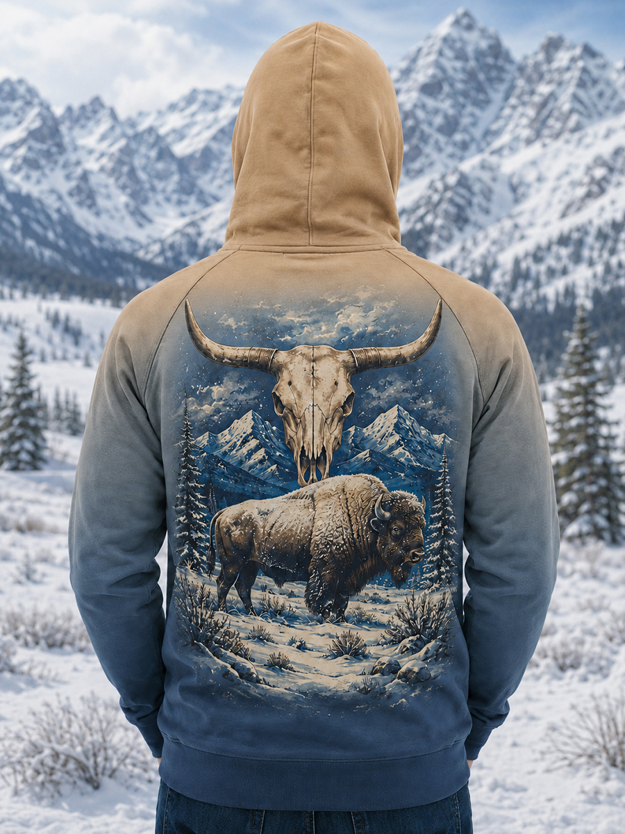 Men's Vintage Snow Bison And Wilderness Skull Print Thermal Base Layer Hoodie With Built-In Gaiter