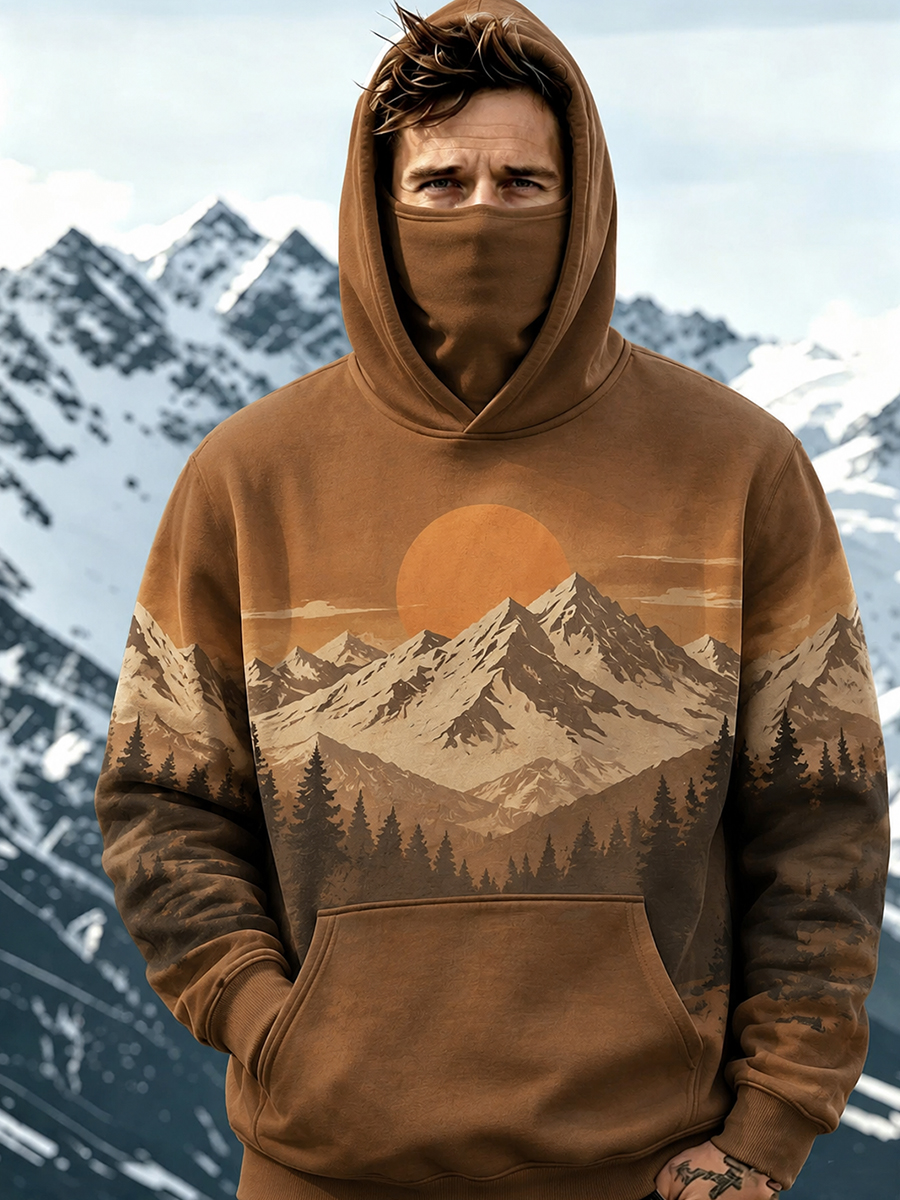Men's Vintage Snowy Mountain Sunset Pine Forest Print Thermal Base Layer Hoodie With Built-In Gaiter