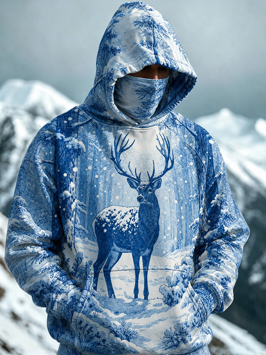 Men's Vintage Snow Forest Stag Print Thermal Base Layer Hoodie With Built-In Gaiter