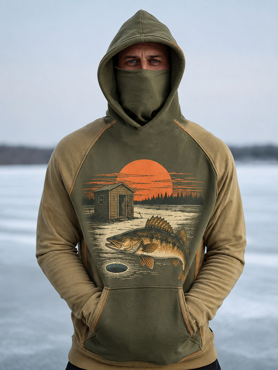 Men's Vintage Ice Fishing Jumping Fish Sunset Print Thermal Base Layer Hoodie With Built-In Gaiter