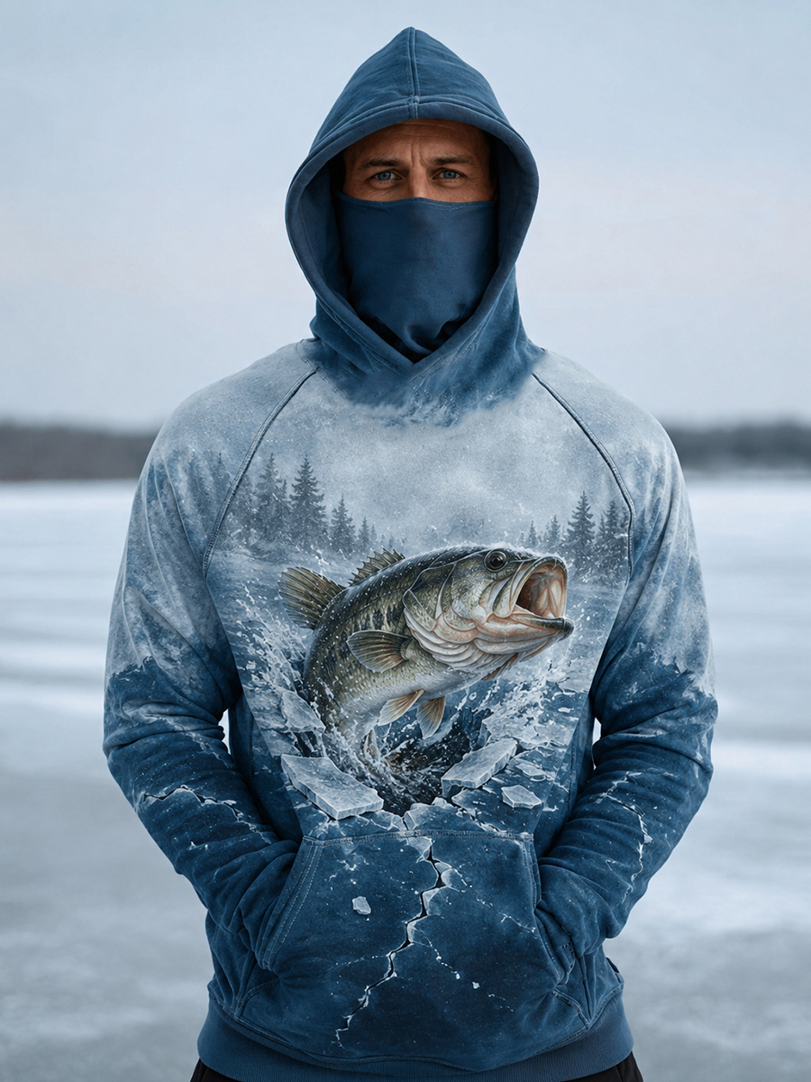 Men's Breaking The Ice And Leaping Fish Print Thermal Base Layer Hoodie With Built-In Gaiter