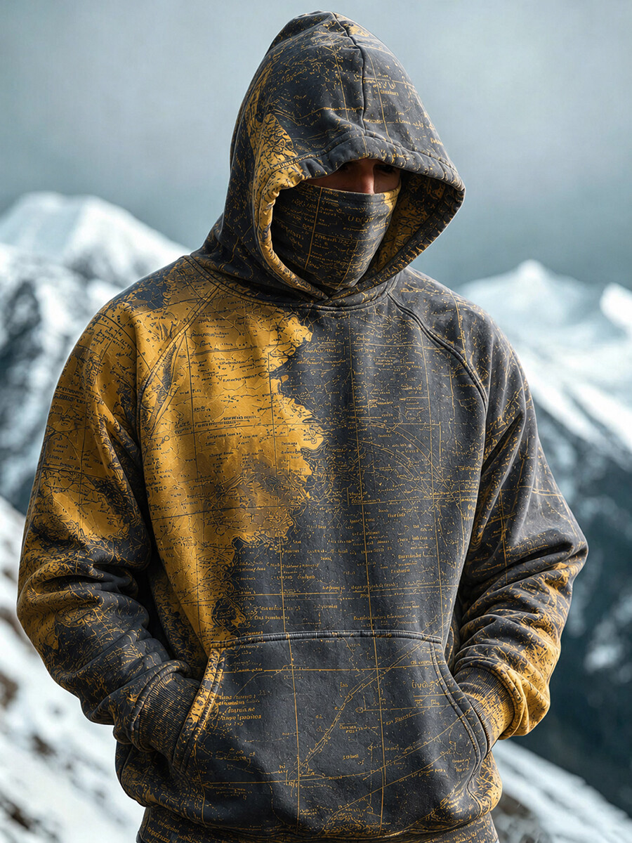 Men's Vintage Color-Blocked Abstract Hand-Drawn Map Print Thermal Base Layer Hoodie With Built-In Gaiter
