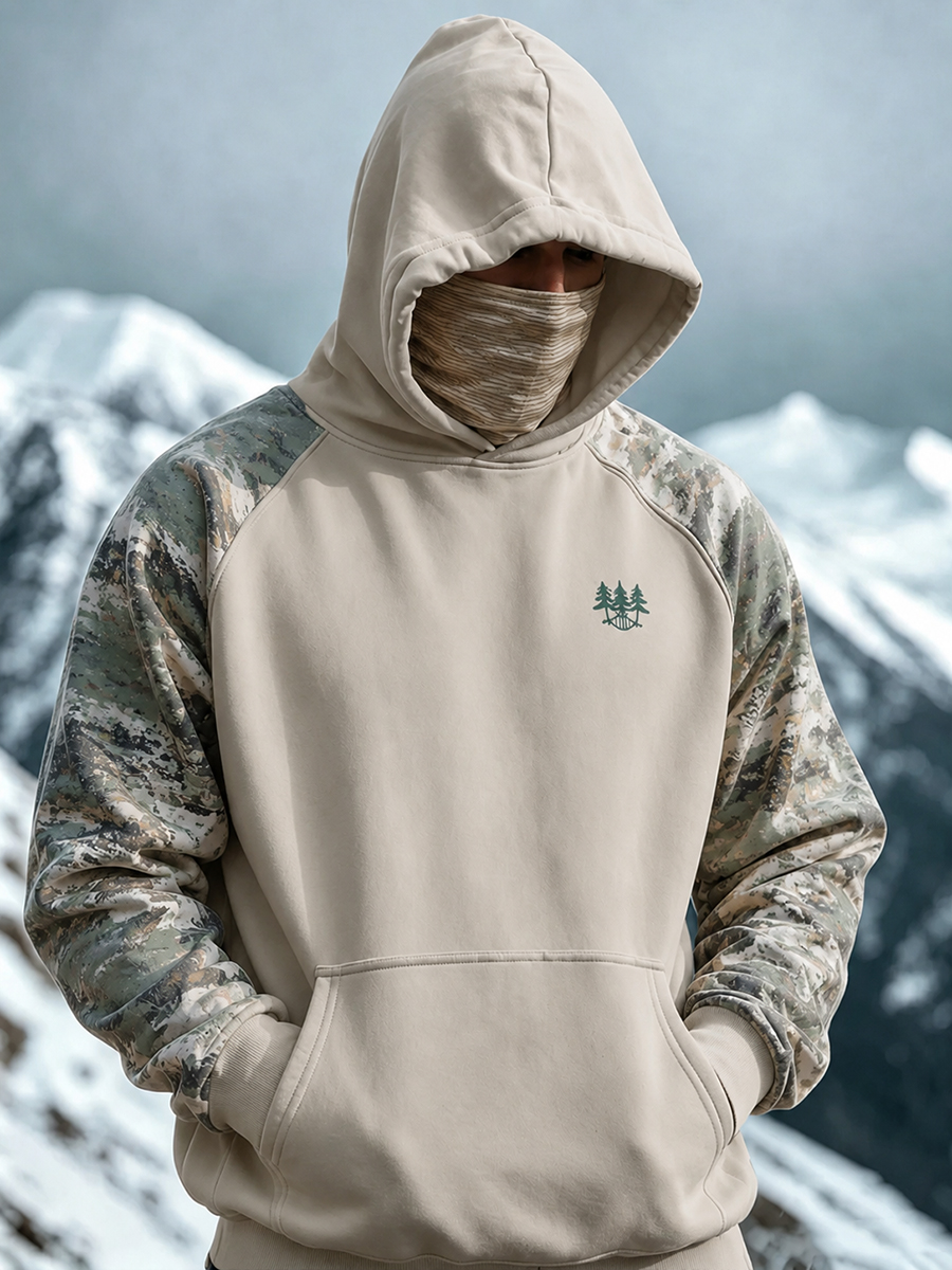 Men's Pixel Camouflage Border Outdoor Pine Badge Print Thermal Base Layer Hoodie With Built-In Gaiter