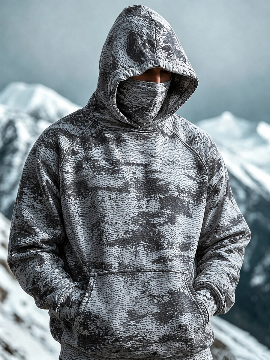 Men's Mottled Line Camouflage Abstract Background Print Thermal Base Layer Hoodie With Built-In Gaiter
