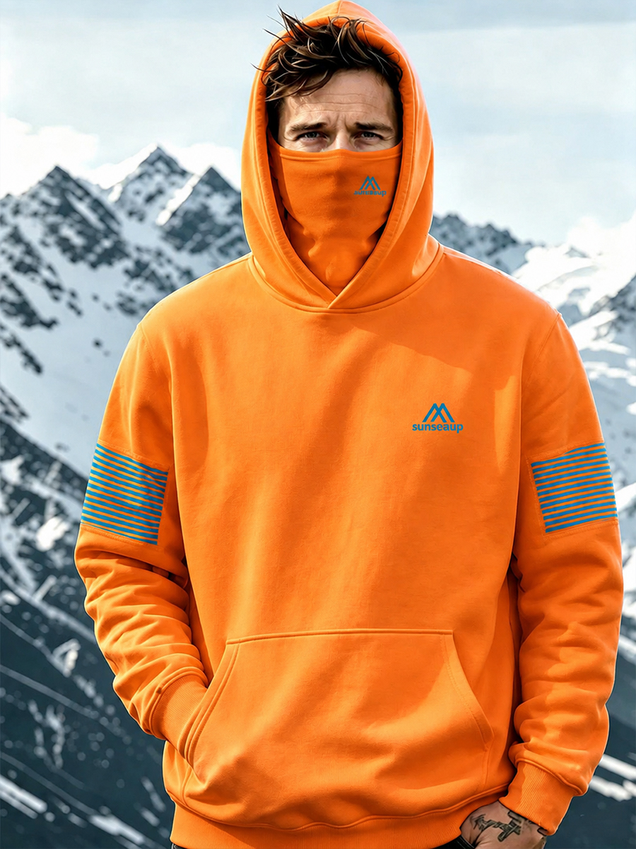 Men's Orange Color-Blocking Minimalist Mountain Letter Logo Print Thermal Base Layer Hoodie With Built-In Gaiter