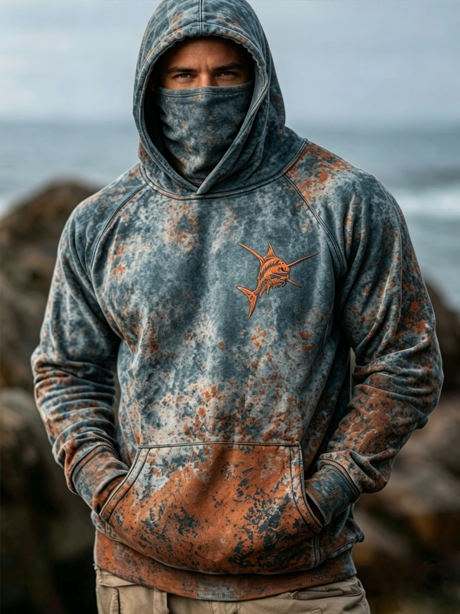 Men's Vintage Distressed Speckled Marlin Fish Art Print Thermal Base Layer Hoodie with Built-in Gaiter