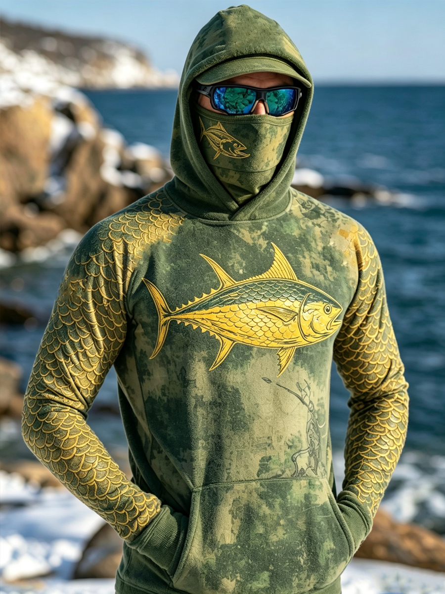 Men's Vintage Golden Tuna Fisherman Camo Print Thermal Base Layer Hoodie with Built-in Gaiter