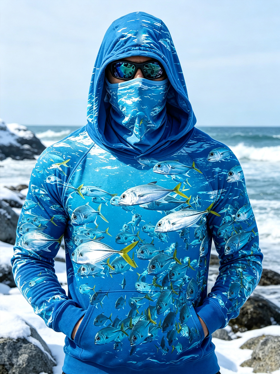 Men's Vintage Underwater Tuna School Print Thermal Base Layer Hoodie with Built-in Gaiter