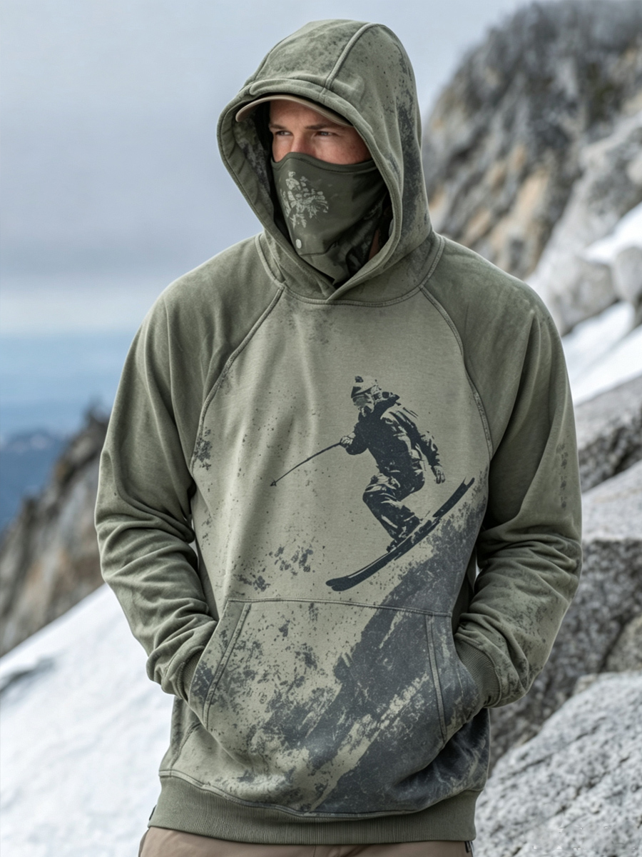 Men's Vintage Distressed Freestyle Skier Print Thermal Base Layer Hoodie With Built-In Gaiter