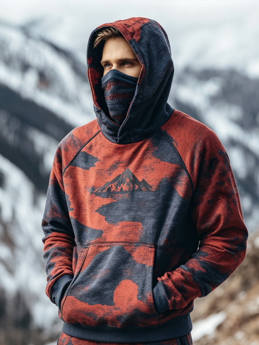 Men's Vintage Distressed Camo Mountain Wilderness Print Thermal Base Layer Hoodie With Built-In Gaiter