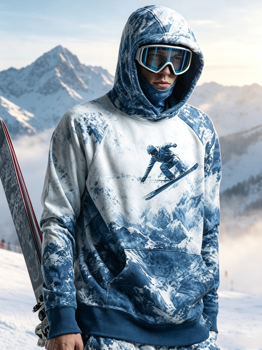 Men's Vintage Watercolor Alpine Skier Mountain Print Thermal Base Layer Hoodie With Built-In Gaiter