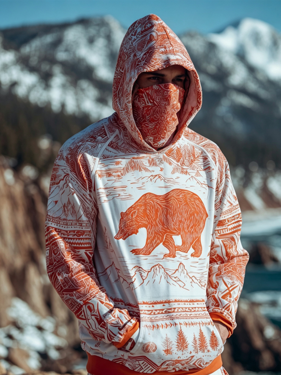 Men's Vintage Grizzly Bear Wilderness Adventure Print Thermal Base Layer Hoodie With Built-In Gaiter