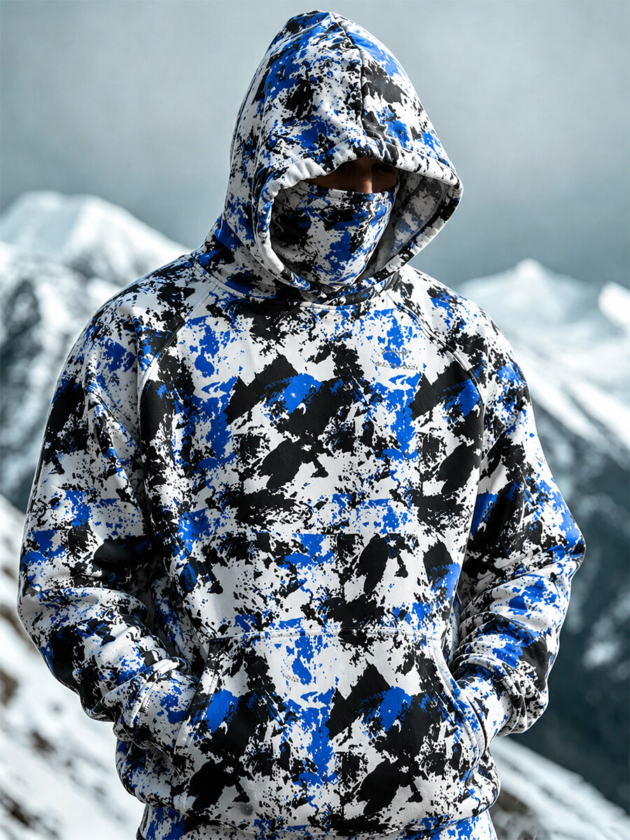 Men's Ink Splatter Brush Stroke Street Art Print Thermal Base Layer Hoodie with Built-in Gaiter
