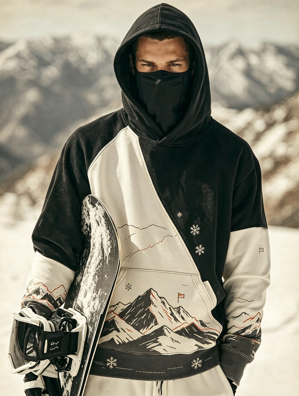Men's Retro Mountain Climbing Snowflake Color Block Print Thermal Base Layer Hoodie With Built-In Gaiter