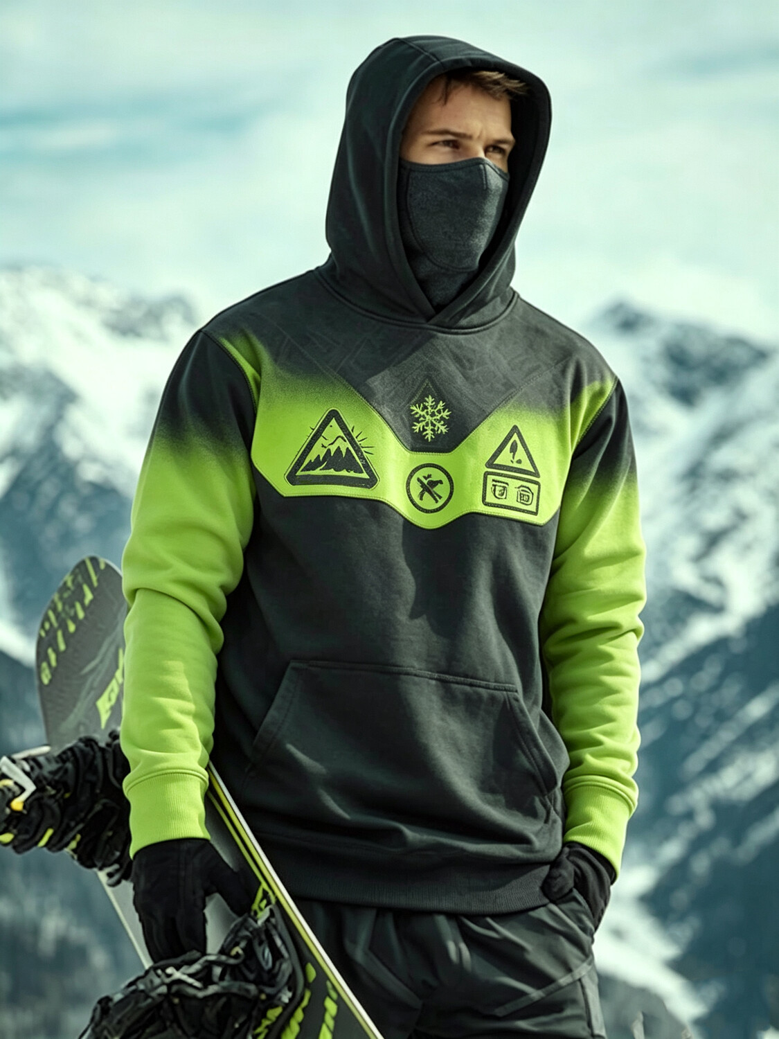 Men's Safety Warning Symbol Neon Color Block Print Thermal Base Layer Hoodie With Built-In Gaiter
