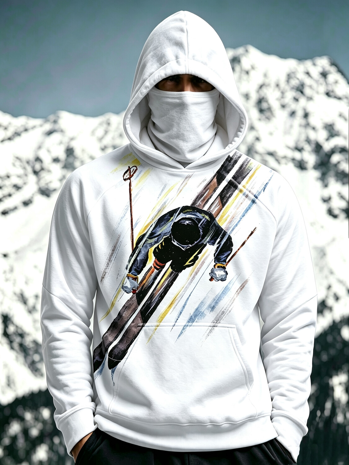 Men's Dynamic Watercolor Downhill Skier Print Thermal Base Layer Hoodie With Built-In Gaiter