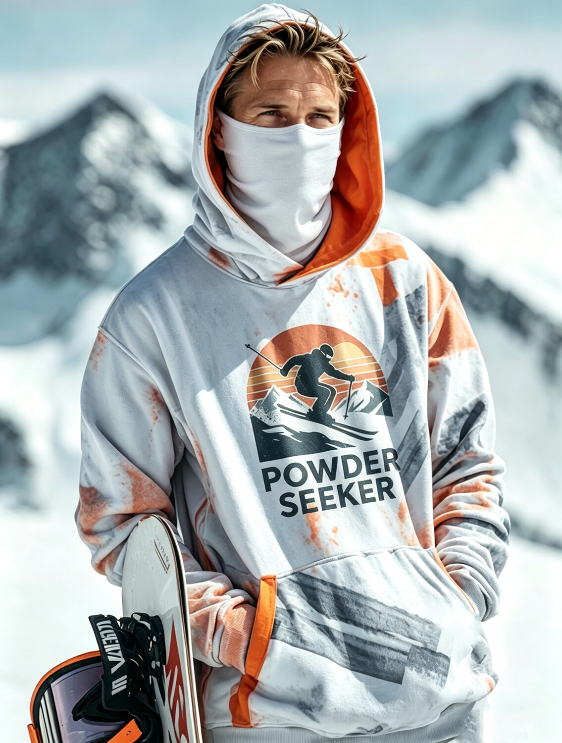 Men's Powder Seeker Silhouette Print Thermal Base Layer Hoodie With Built-In Gaiter