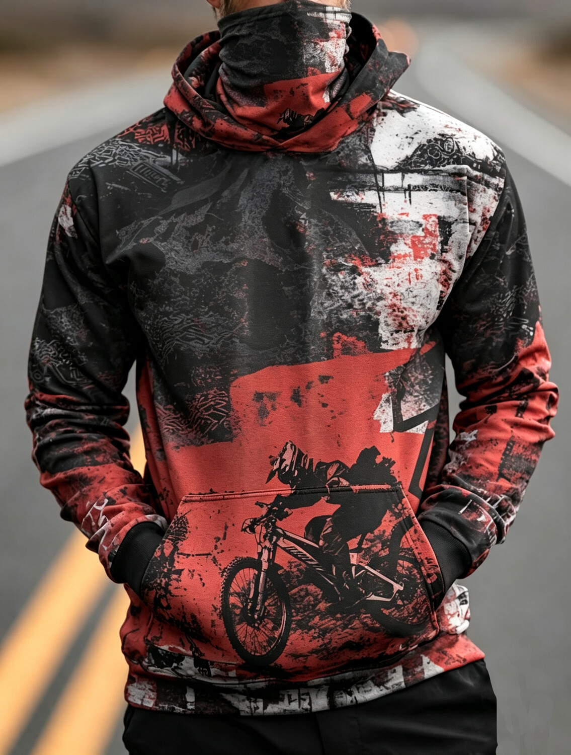 Men's Art Mountain Biker Print Thermal Base Layer Hoodie With Built-In Gaiter