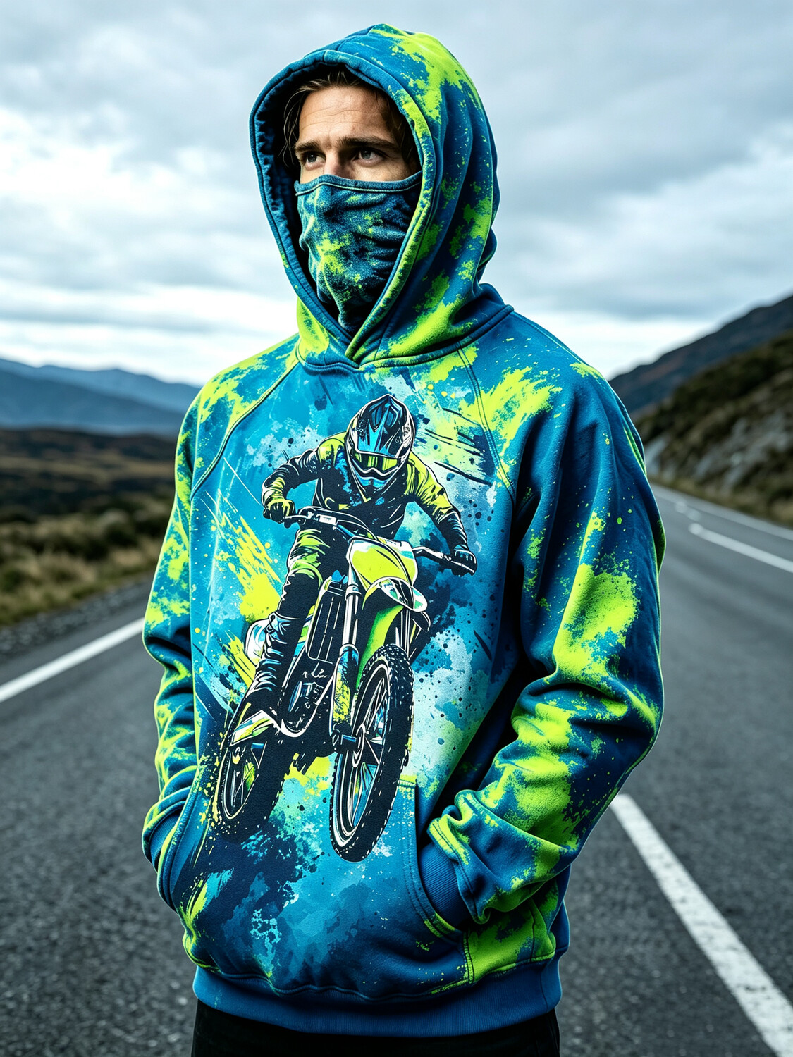 Men's Pop Art Splash Style Motocross Rider Print Thermal Base Layer Hoodie With Built-In Gaiter