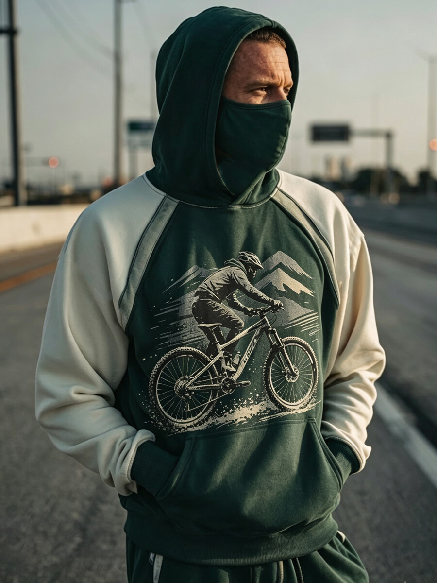 Men's Vintage Mountain Biker Color Block Print Thermal Base Layer Hoodie With Built-In Gaiter