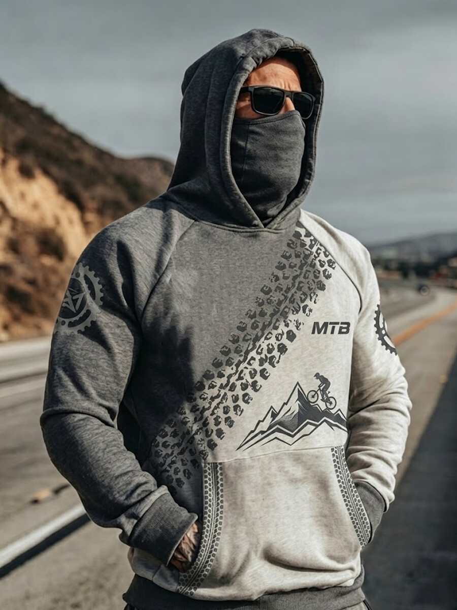 Men's Minimal MTB Tire‑Track Print Thermal Base Layer Hoodie With Built-In Gaiter