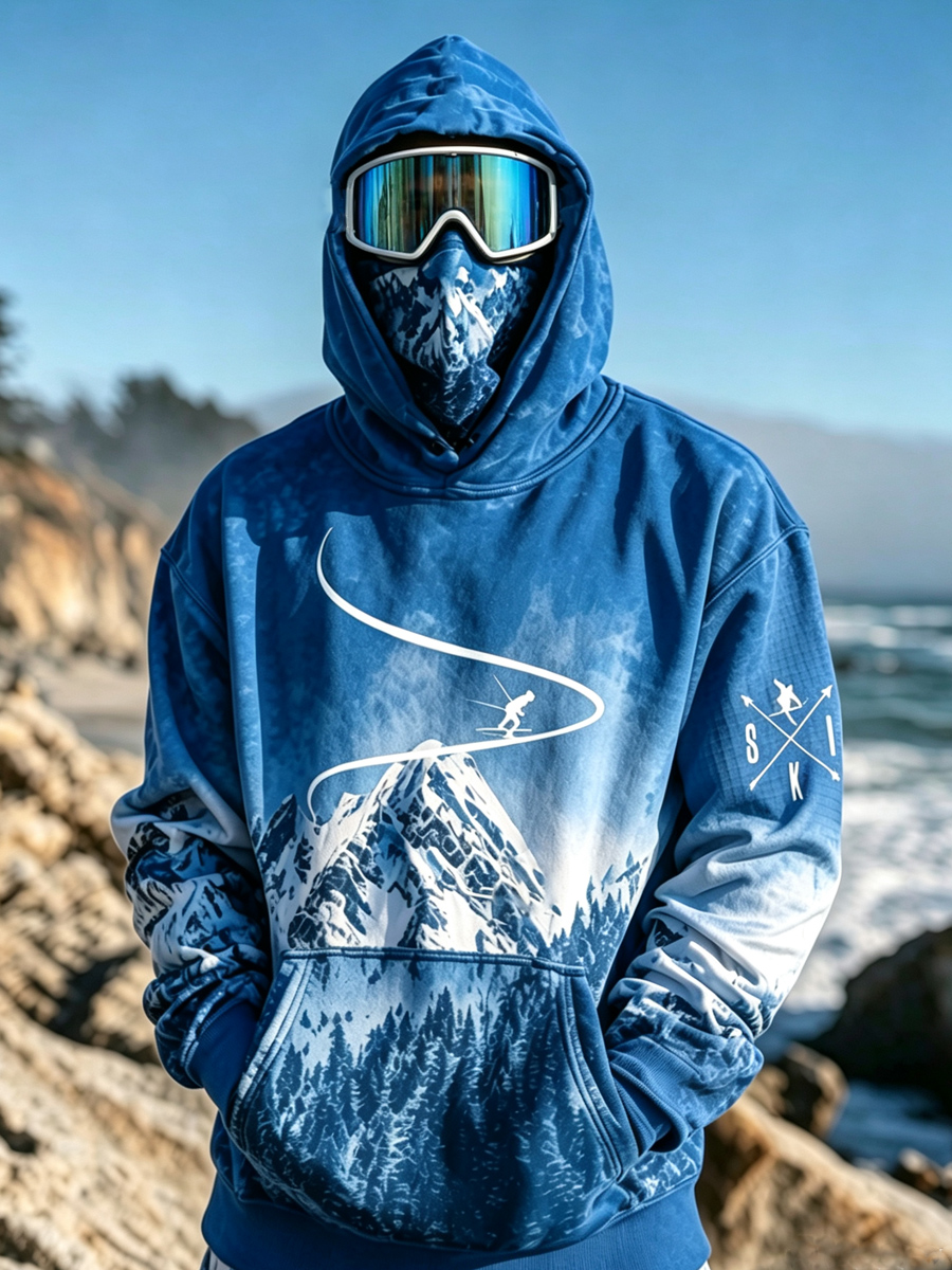 Men's Retro Ski Mountain Silhouette Print Thermal Base Layer Hoodie with Built-in Gaiter