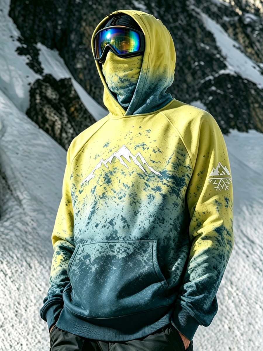 Men's Retro Grunge Mountain Silhouette Gradient Print Thermal Base Layer Hoodie with Built-in Gaiter